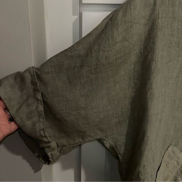 Lauren Vidal Linen Button Front Short Sleeve Hood Lagenlook Cardigan Top - Picture 2 of 7